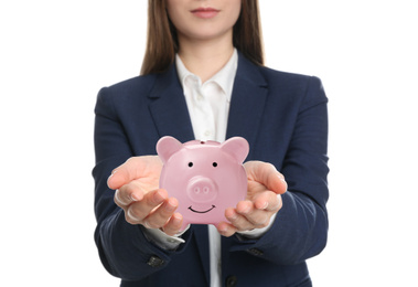 Image of Young woman holding piggy bank on white background, closeup 