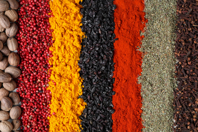 Photo of Many different spices as background, top view