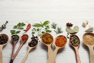 Spoons with different spices and herbs on white wooden table. Space for text
