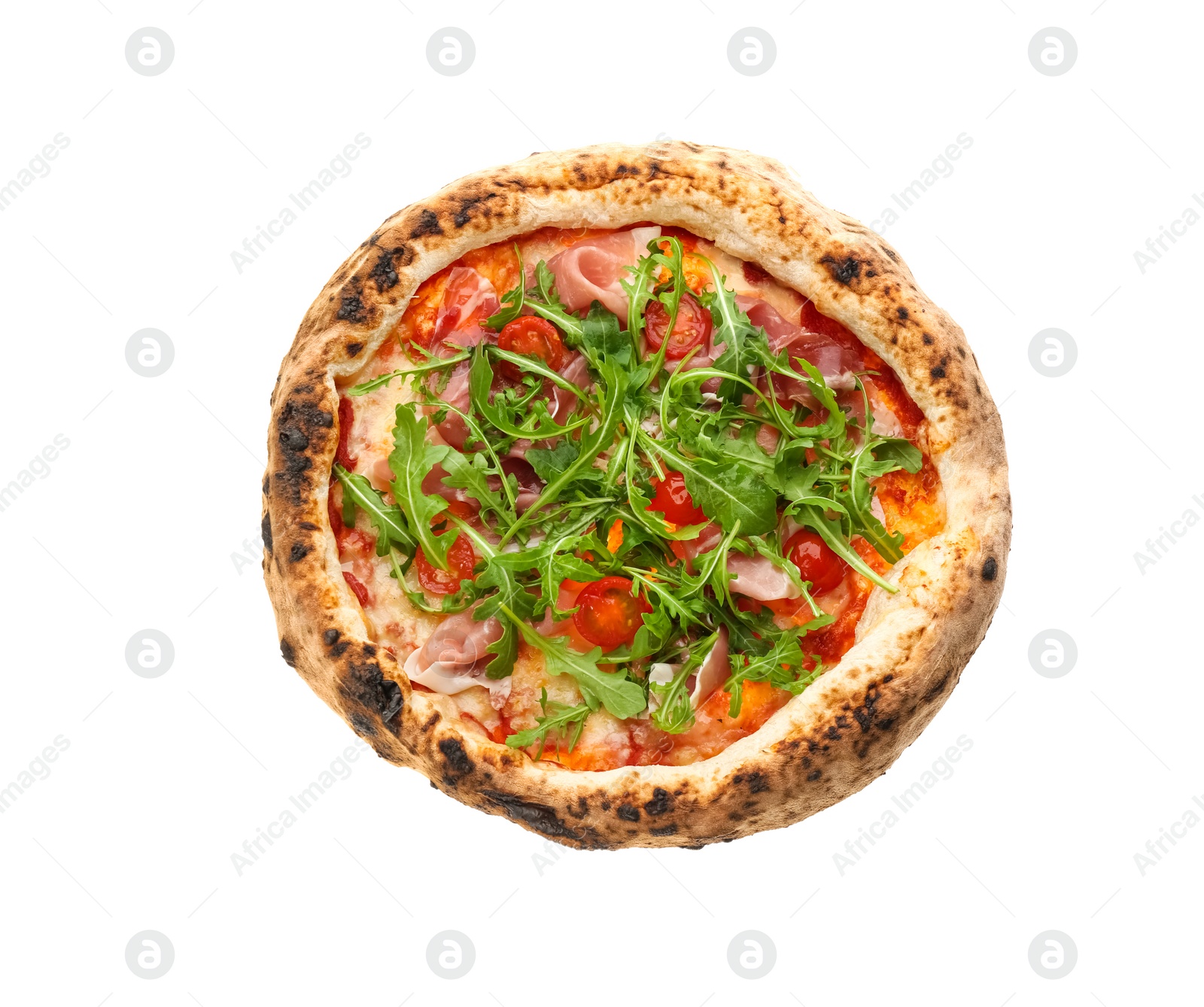 Photo of Tasty pizza with meat and arugula on white background, top view