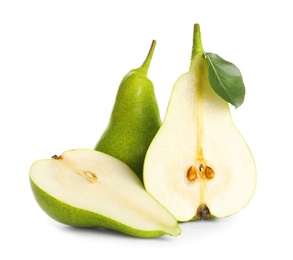 Whole and sliced pears on white background