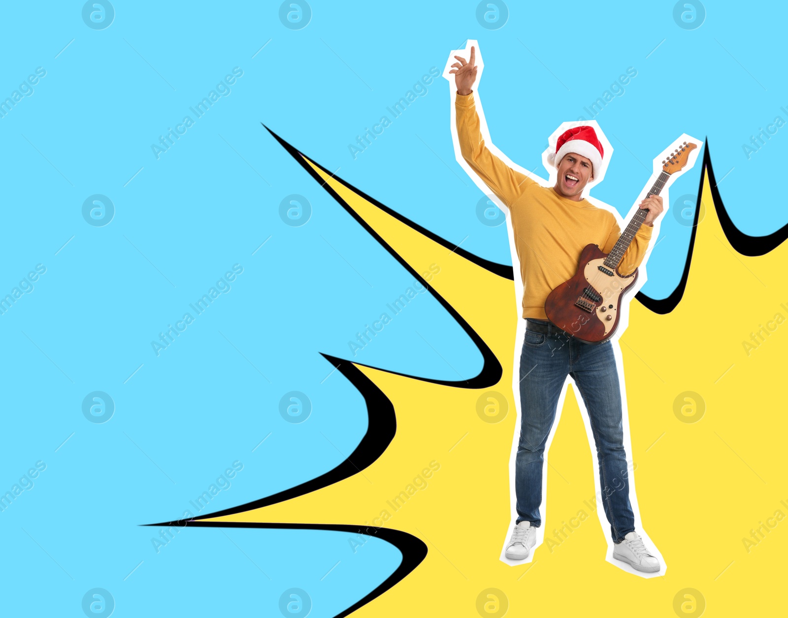 Image of Pop art poster. Man in Santa hat playing guitar on bright comic style background. Space for text