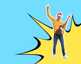 Image of Pop art poster. Man in Santa hat playing guitar on bright comic style background. Space for text