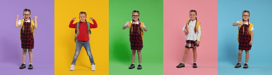 Image of Schoolgirl on color backgrounds, set of photos