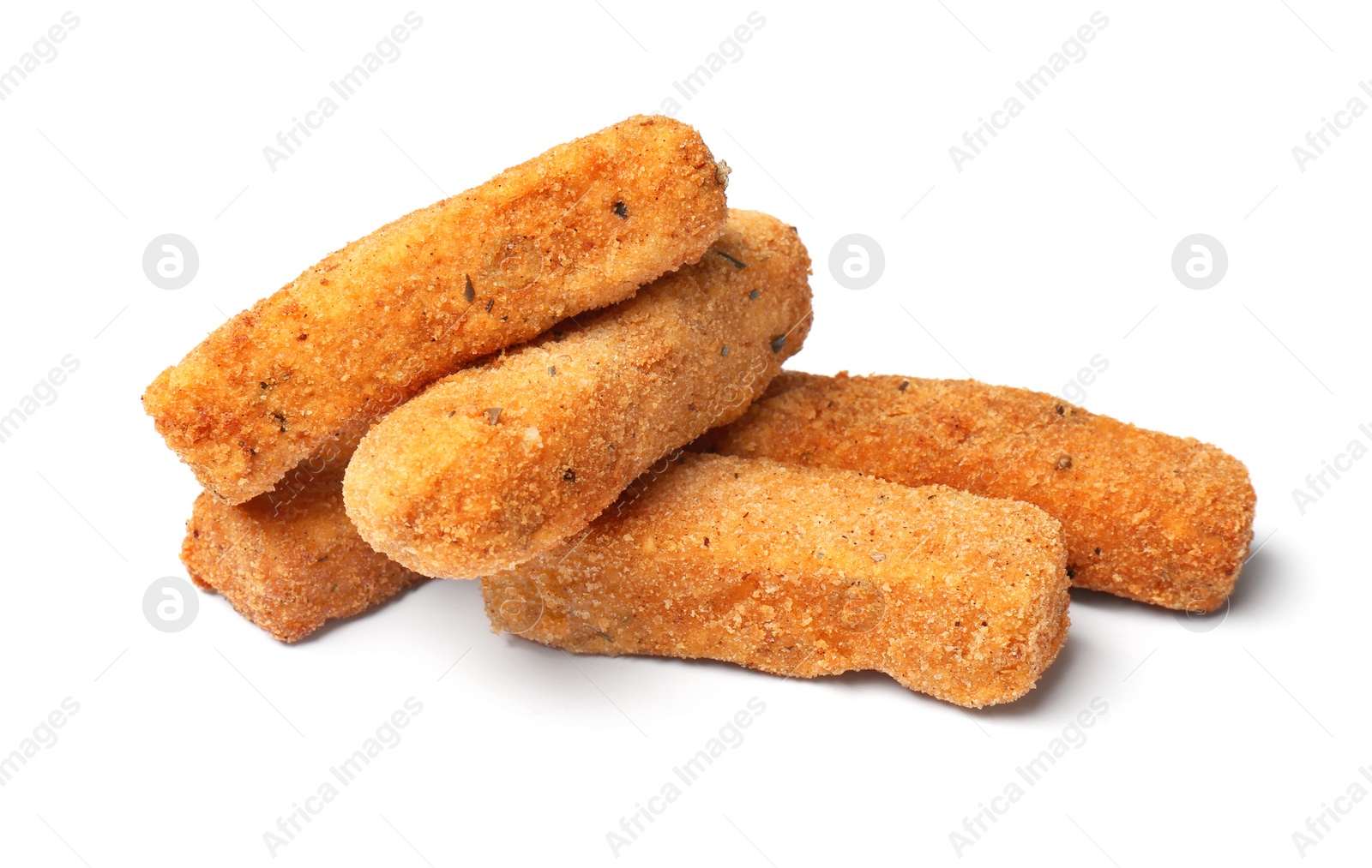 Photo of Pile of tasty cheese sticks isolated on white