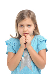 Photo of Scared little girl wearing casual outfit on white background