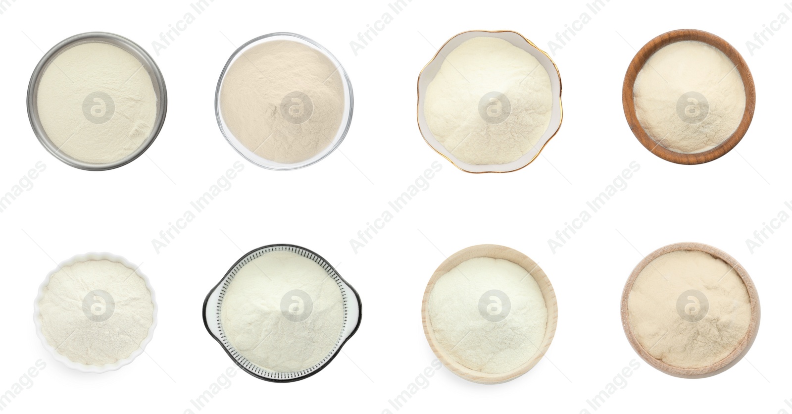 Image of Set with agar-agar powder in bowls isolated on white, top view