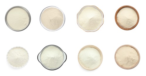 Image of Set with agar-agar powder in bowls isolated on white, top view