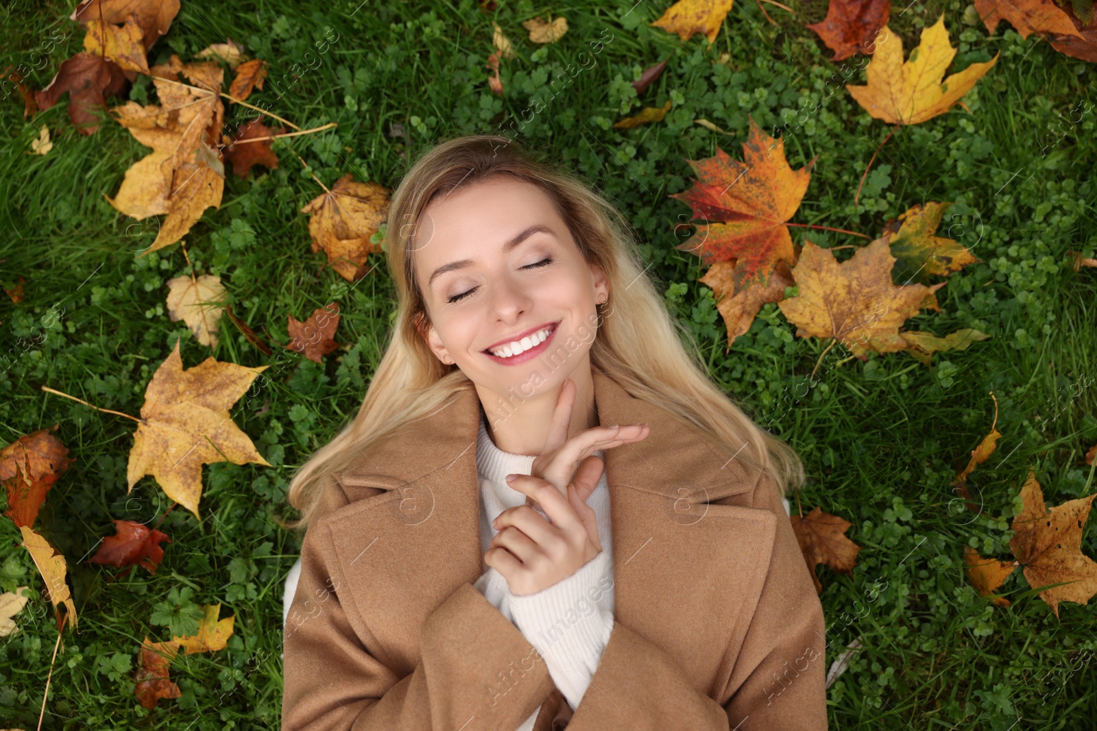 Photo of Smiling woman lying on grass among autumn leaves, top view