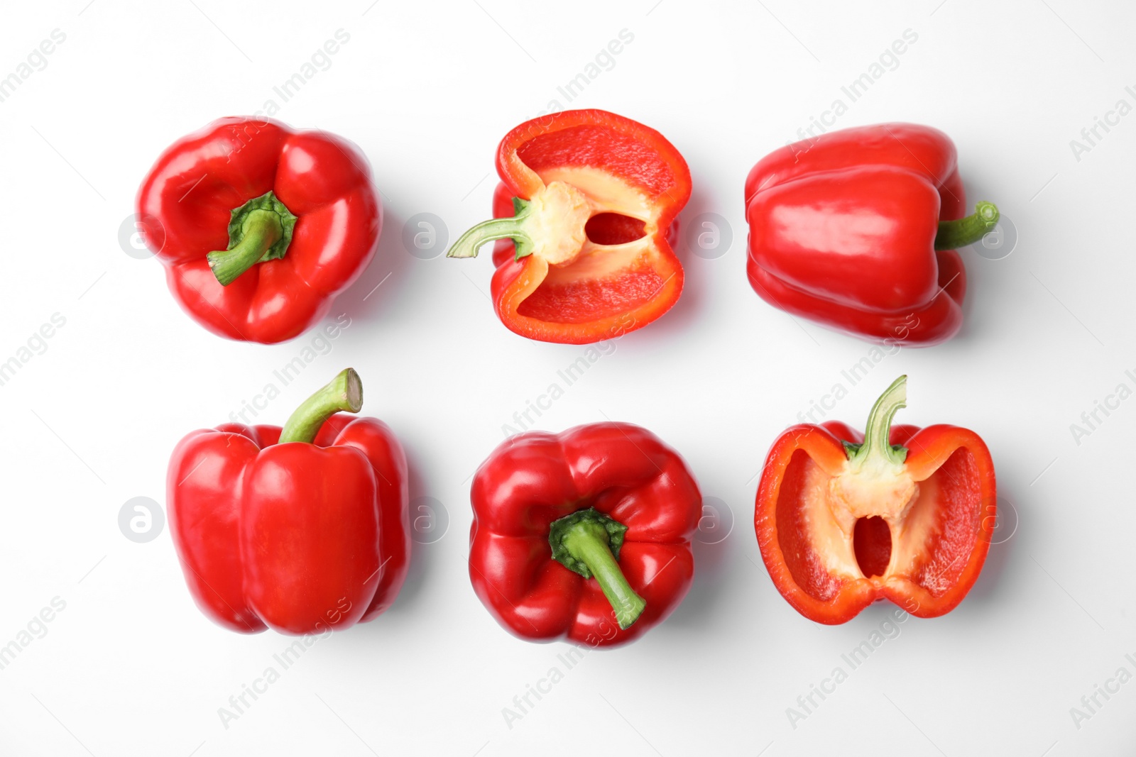 Photo of Flat lay composition with raw ripe paprika peppers on white background