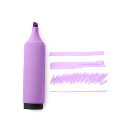 Photo of Different stripes drawn with lilac marker and highlighter isolated on white, top view