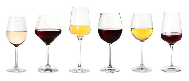 Image of Set with glasses of different delicious expensive wines on white background. Banner design