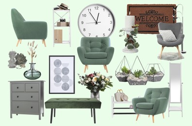 Interior design. Collage with different combinable furniture and decorative elements on pale light green background
