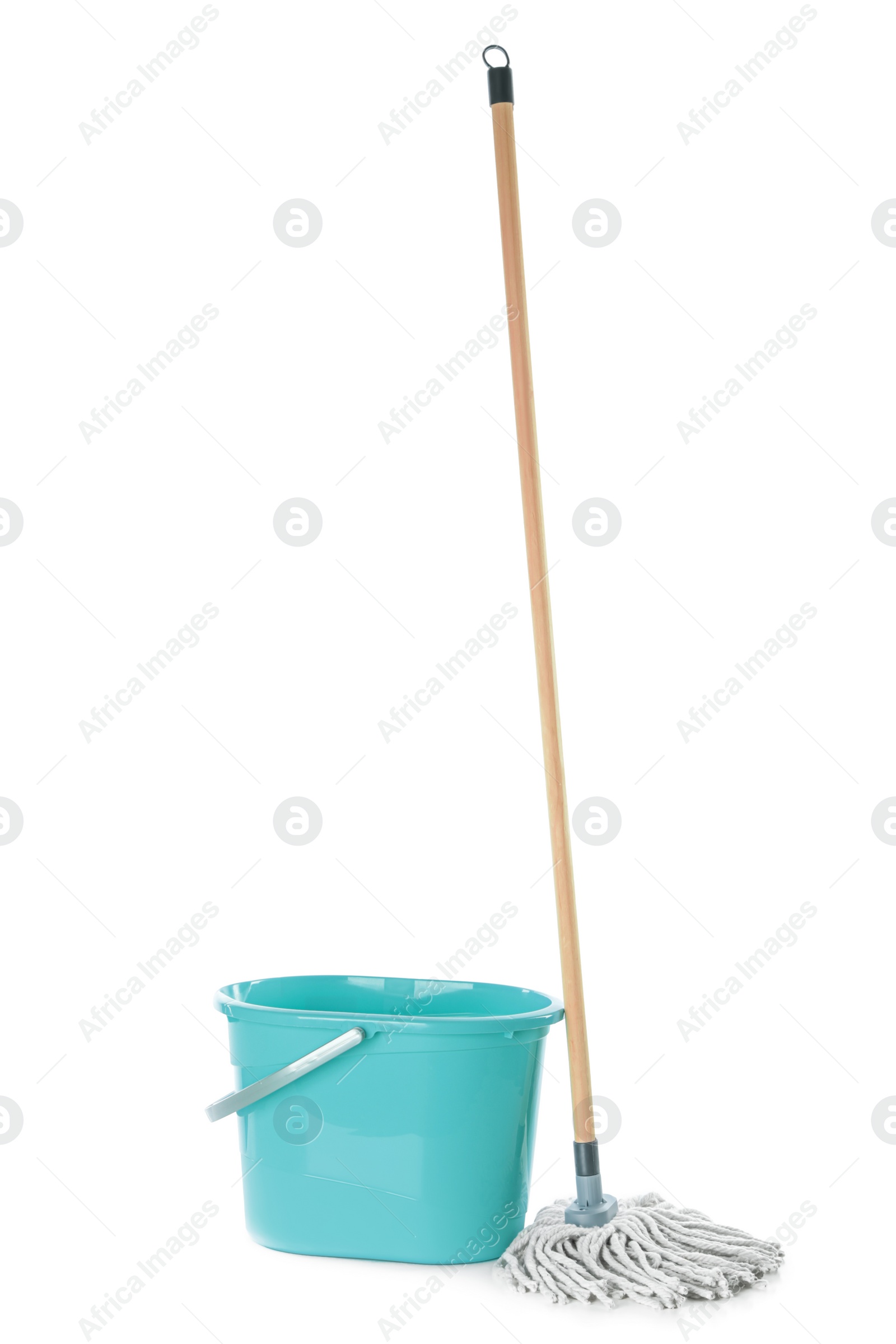 Photo of Mop and plastic bucket on white background. Cleaning supplies