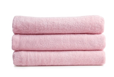 Photo of Stack of clean soft towels on white background