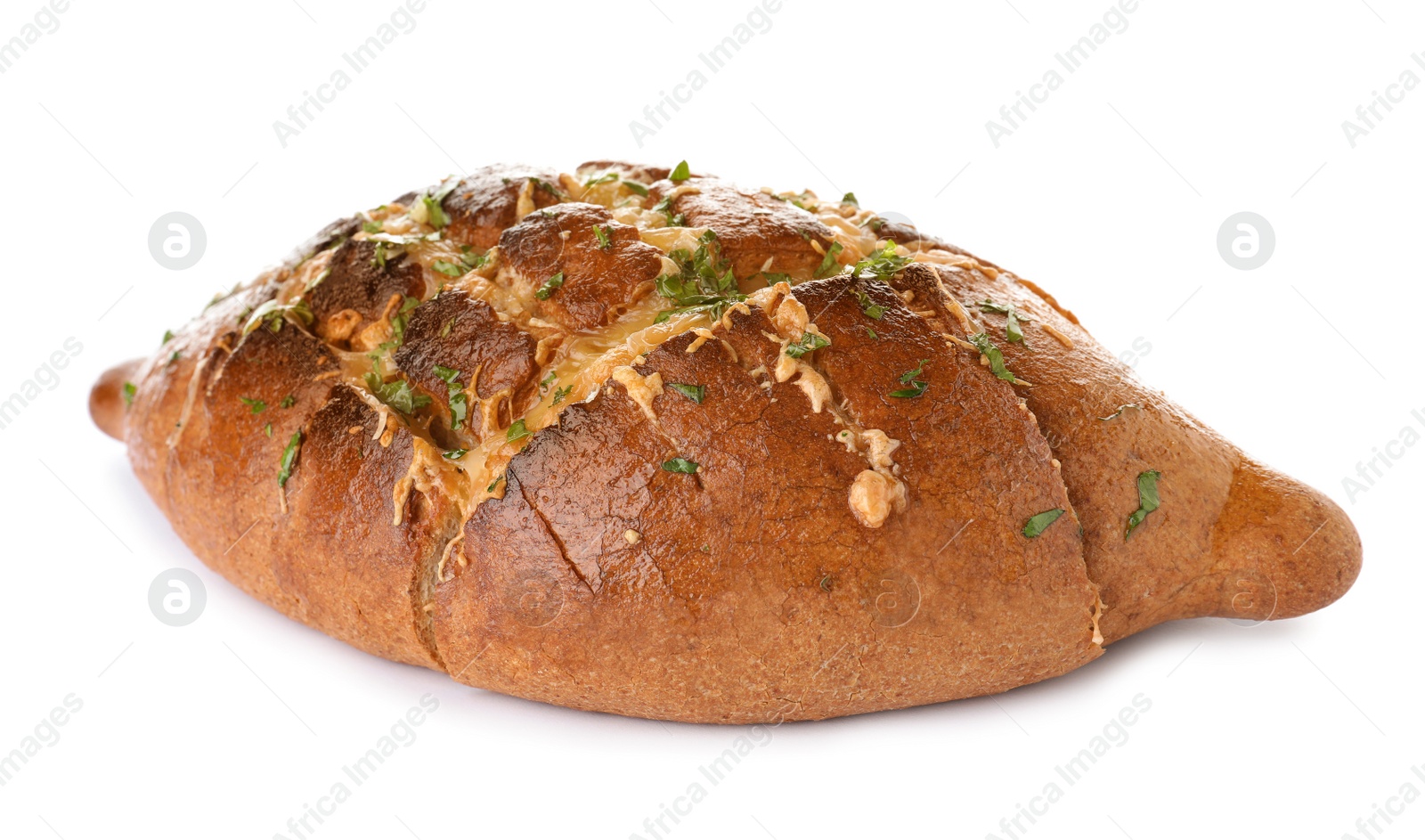 Photo of Delicious homemade garlic bread with herbs and cheese on white background