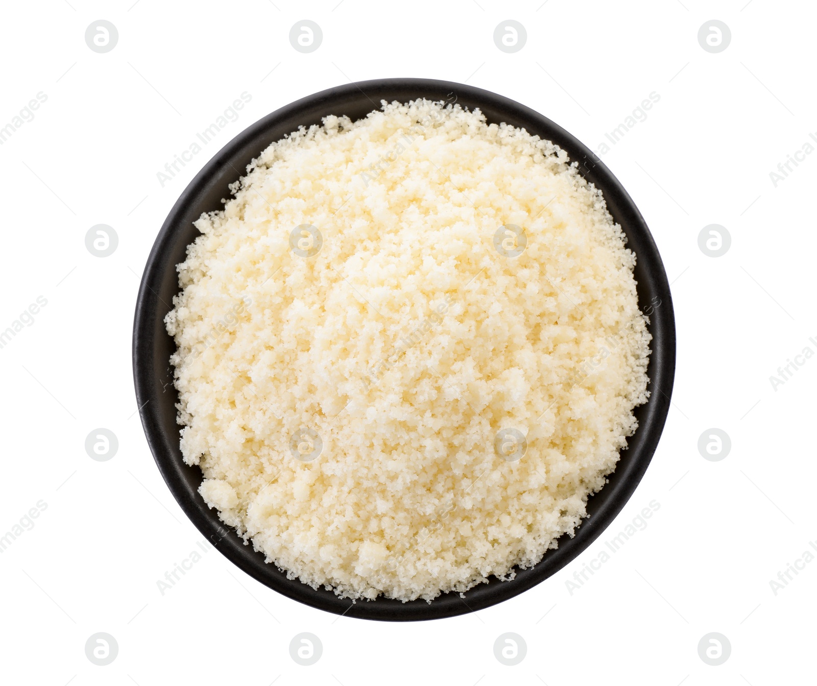 Photo of Bowl with grated parmesan cheese isolated on white, top view