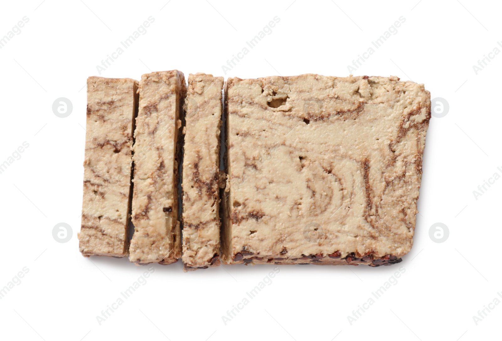 Photo of Pieces of tasty chocolate halva isolated on white, top view