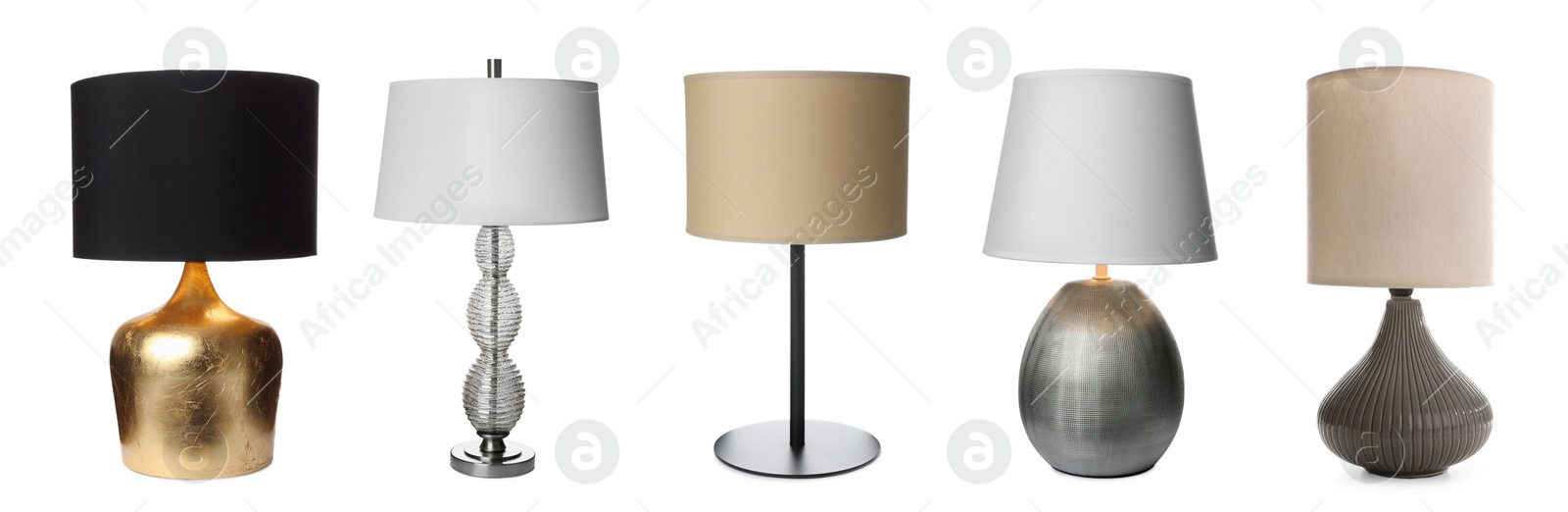 Image of Collage with different stylish night lamps on white background. Banner design