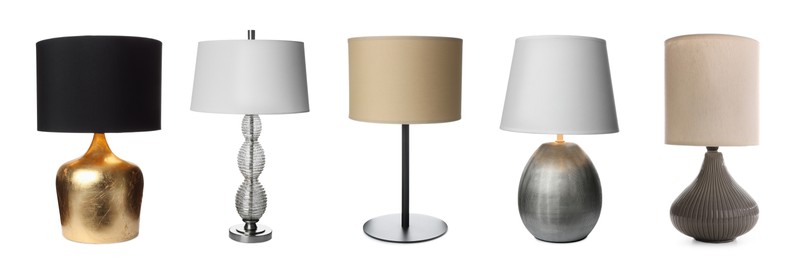 Image of Collage with different stylish night lamps on white background. Banner design