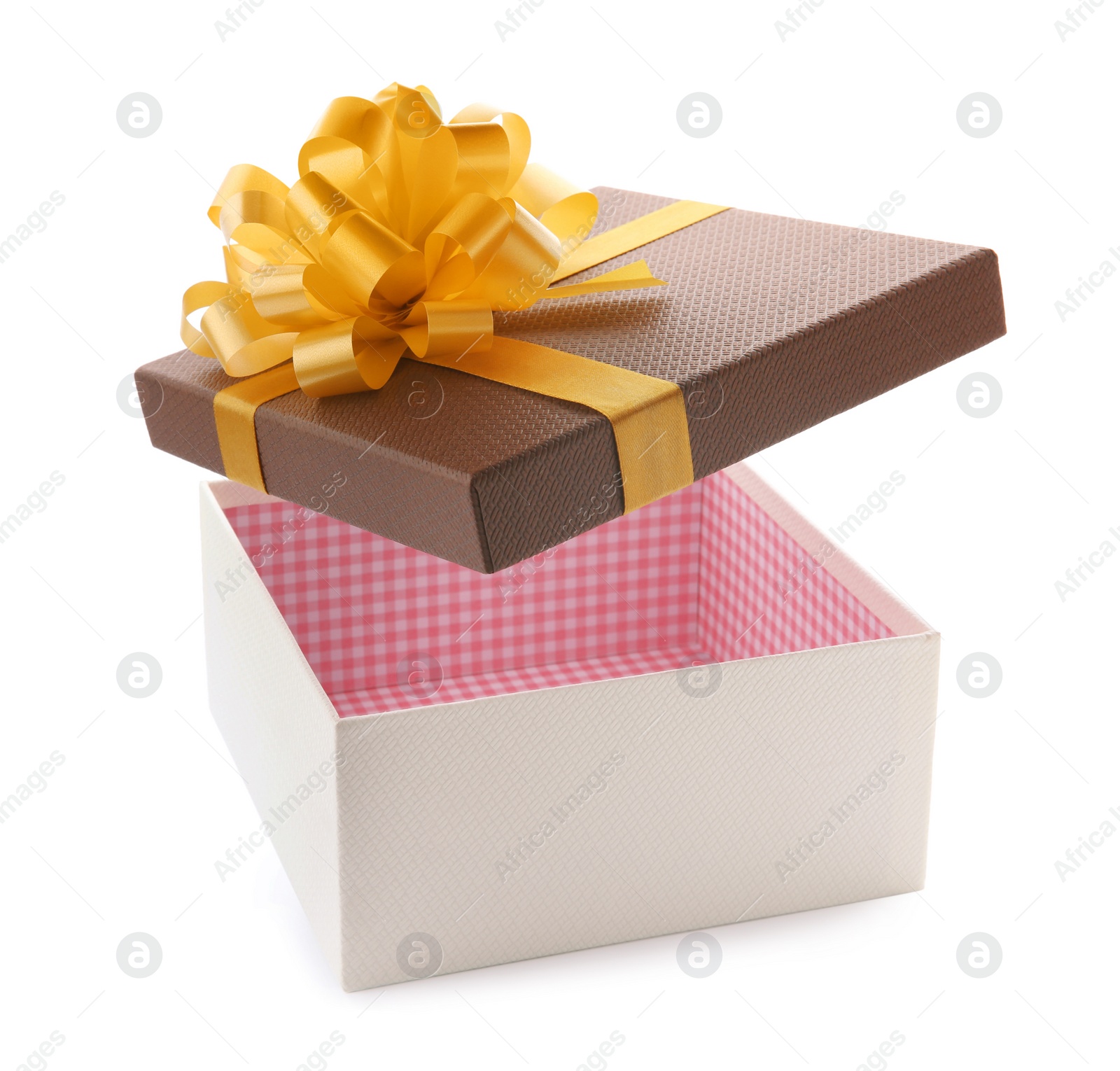 Photo of Open empty gift box with bow on white background