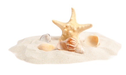 Pile of beach sand with beautiful starfish and sea shells on white background