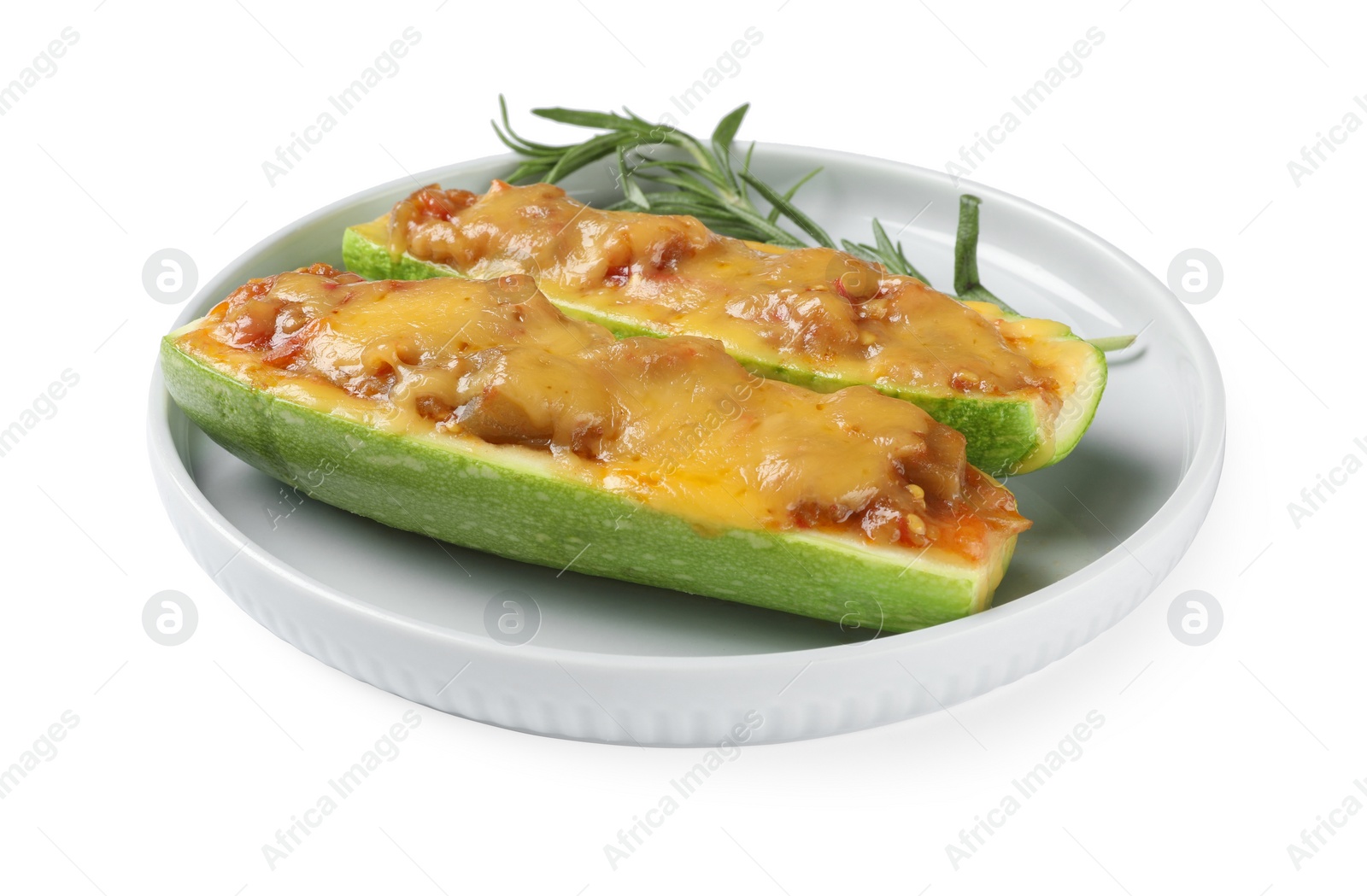 Photo of Plate of delicious stuffed zucchini on white background