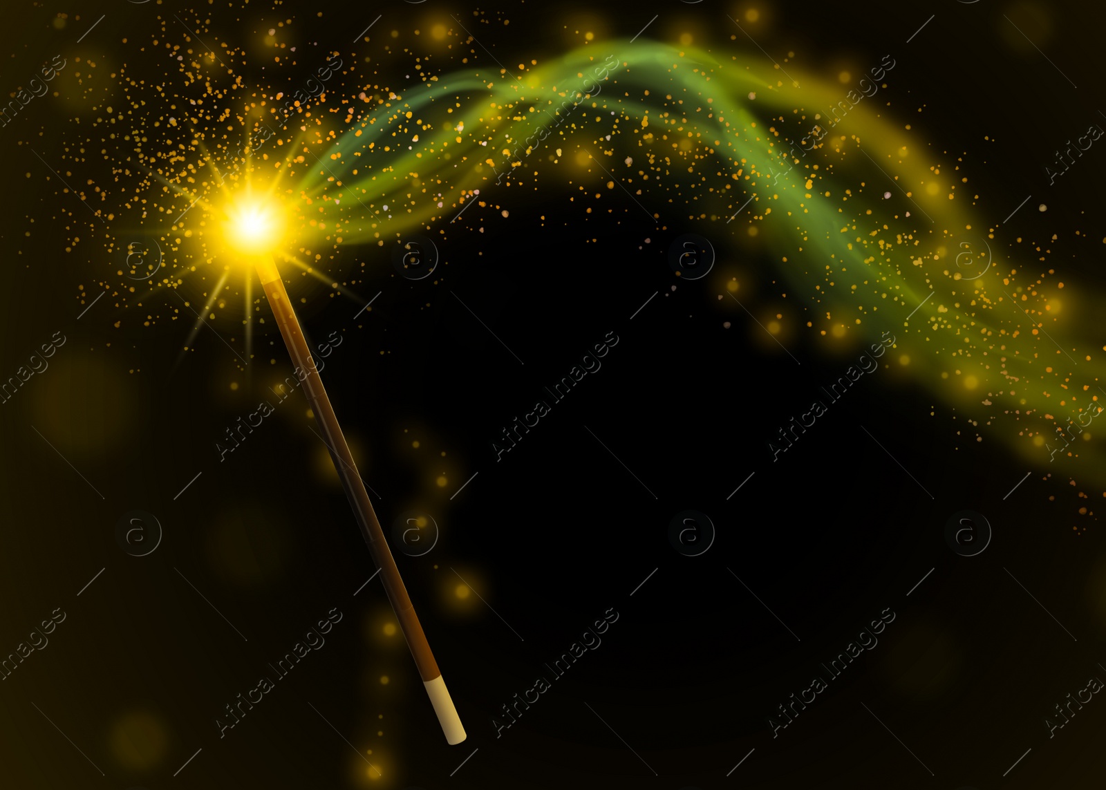 Image of Beautiful magic wand with fairy sparkle on dark background