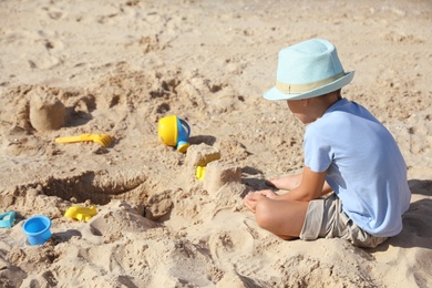 Cute little boy playing with plastic toys on sandy beach