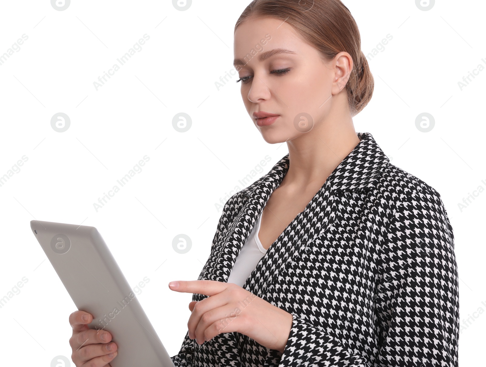 Photo of Young businesswoman with tablet on white background