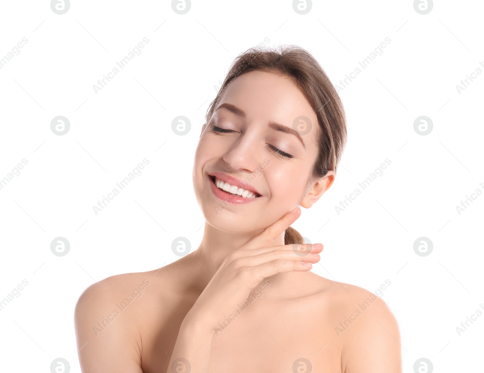 Photo of Portrait of young woman with perfect smooth skin on white background. Beauty and body care