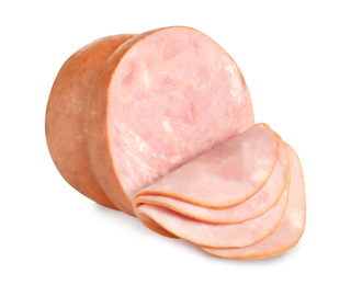 Photo of Tasty fresh sliced ham isolated on white