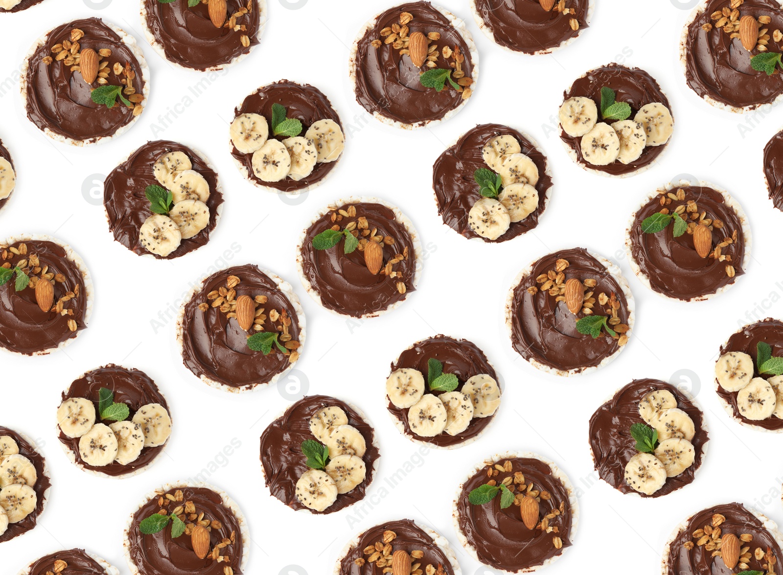 Image of Set of puffed corn cakes with chocolate spread on white background, top view. Pattern design