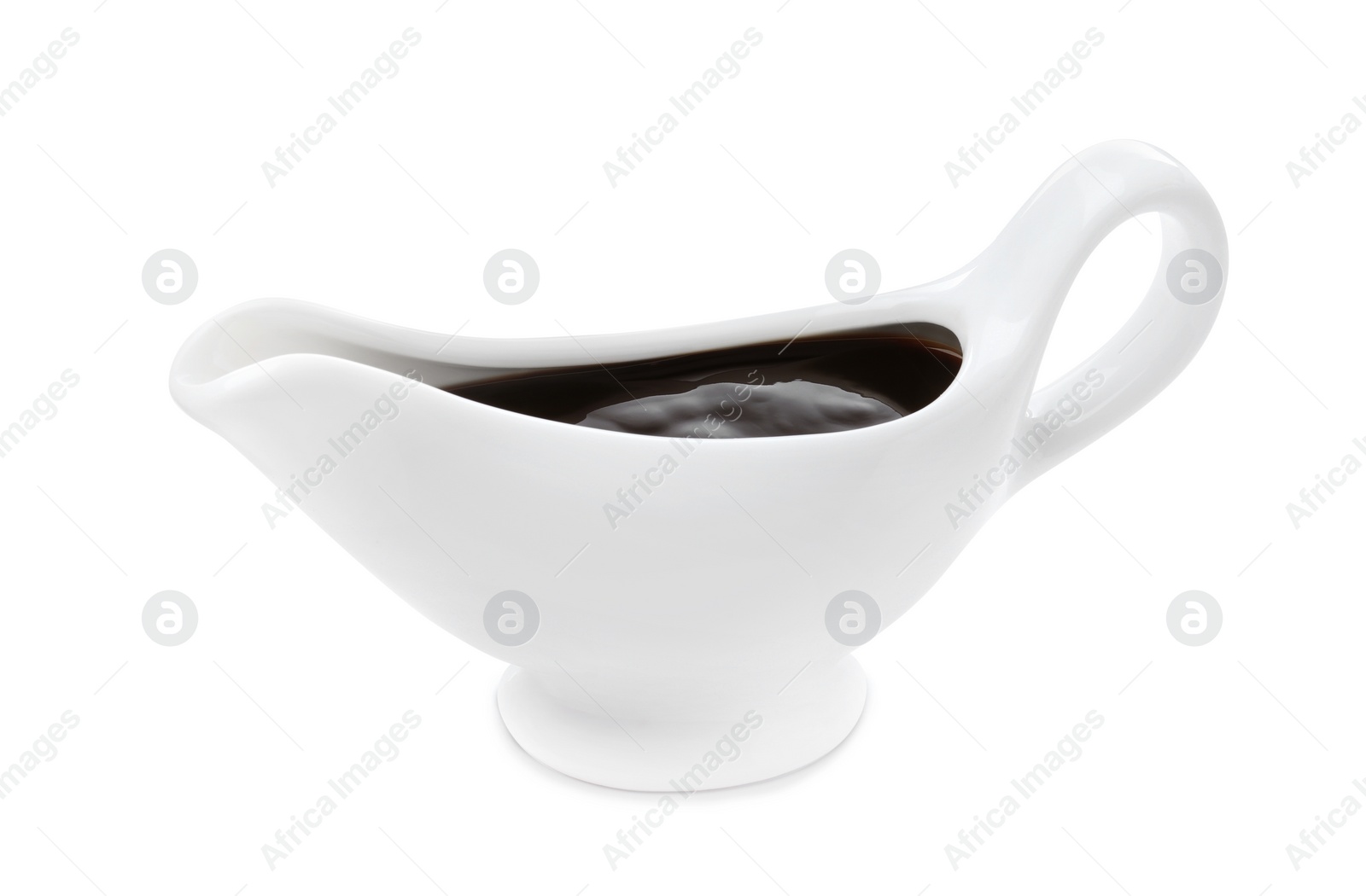Photo of Ceramic boat with sauce isolated on white