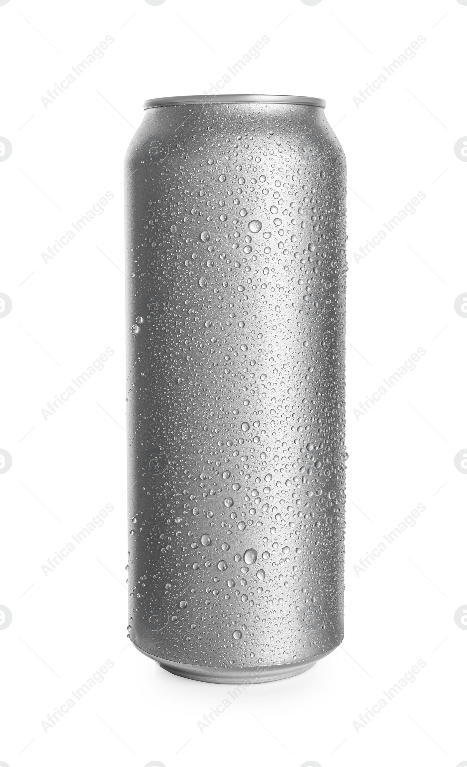 Photo of Gray aluminum can with water drops isolated on white. Mockup for design