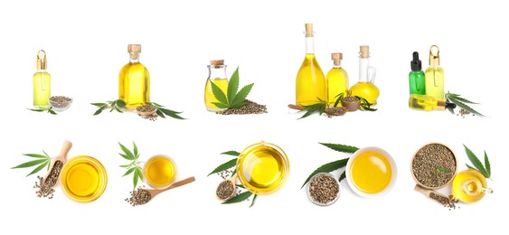 Image of Set with hemp oil, seeds and leaves on white background. Banner design