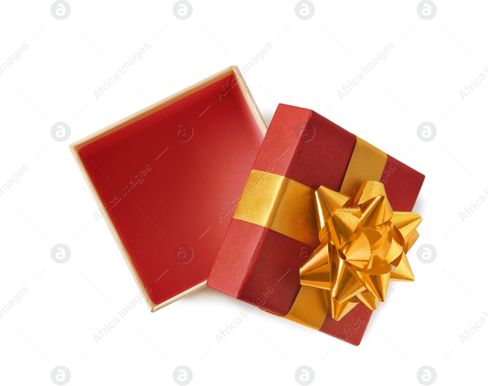 Photo of Open empty gift box with bow on white background, top view