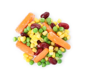 Mix of frozen vegetables on white background, top view