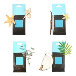 Set of scented sachets with different aromas on white background, top view