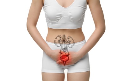 Image of Woman suffering from cystitis on white background, closeup. Illustration of urinary system