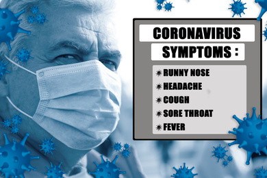 Image of Senior man with medical mask outdoors and list of coronavirus symptoms