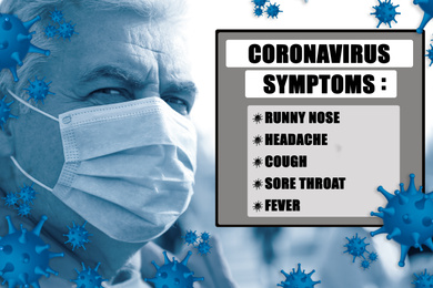 Senior man with medical mask outdoors and list of coronavirus symptoms