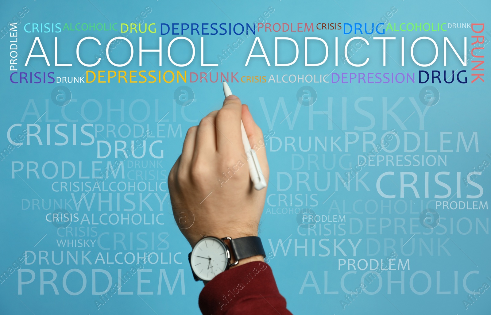 Image of Alcohol addiction? - We can help you. Closeup view of man with pen against light blue background