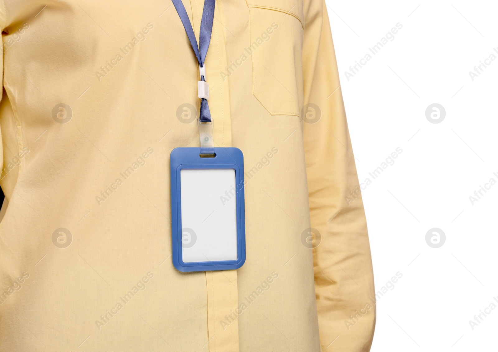 Photo of Woman with blank badge on white background, closeup