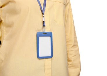 Woman with blank badge on white background, closeup