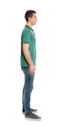 Photo of Young man in stylish clothes on white background, side view