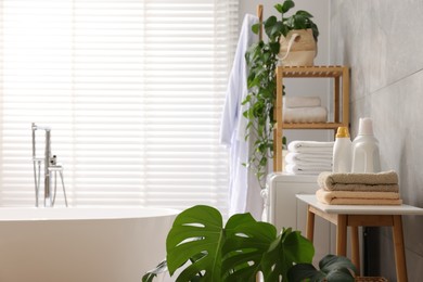 Stack of clean towels, plants, bathtub and deterrents in bathroom