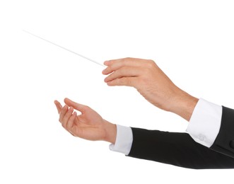 Photo of Professional conductor with baton on white background, closeup