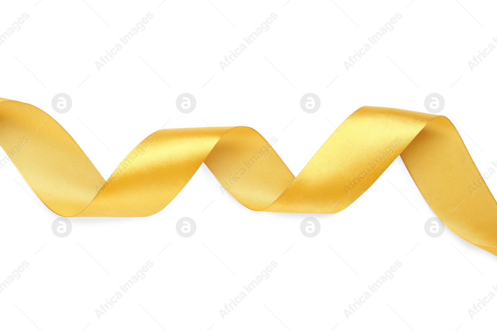 Photo of Beautiful golden ribbon isolated on white, top view