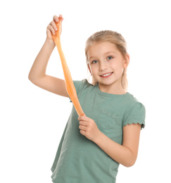 Photo of Little girl with slime on white background